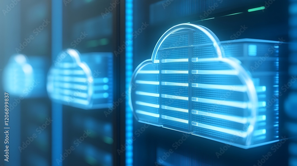 Poster futuristic data storage system with cloud computing technology and digital server visualization