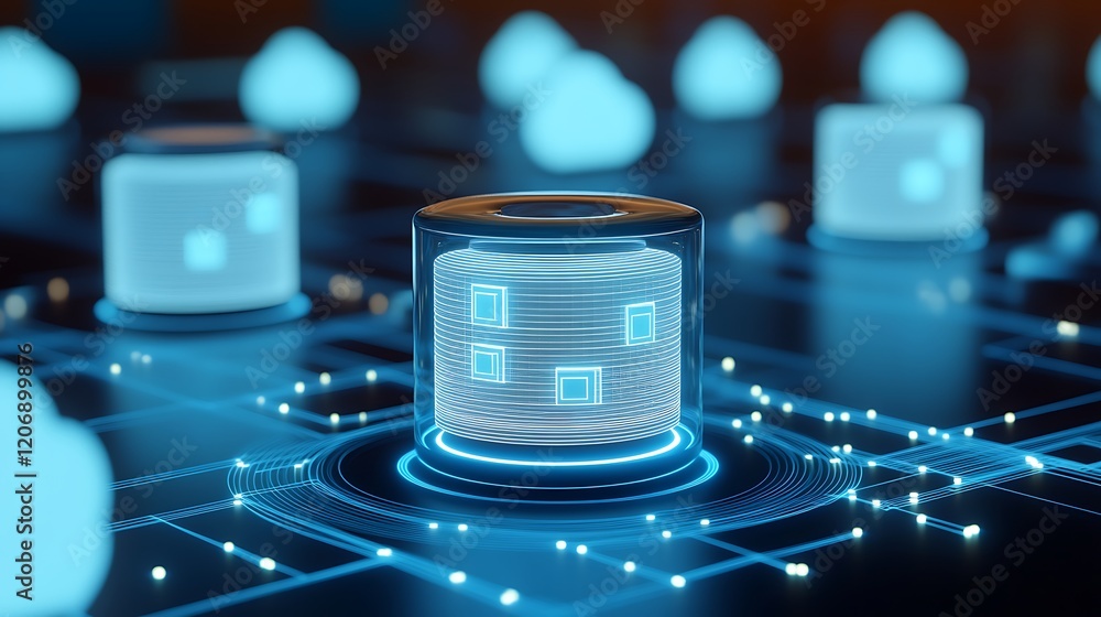 Poster futuristic data storage technology with glowing elements and digital circuits in a high-tech environ