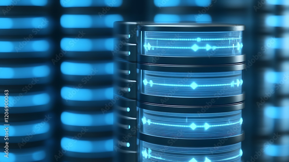 Poster futuristic data storage technology with glowing blue elements in a modern digital environment