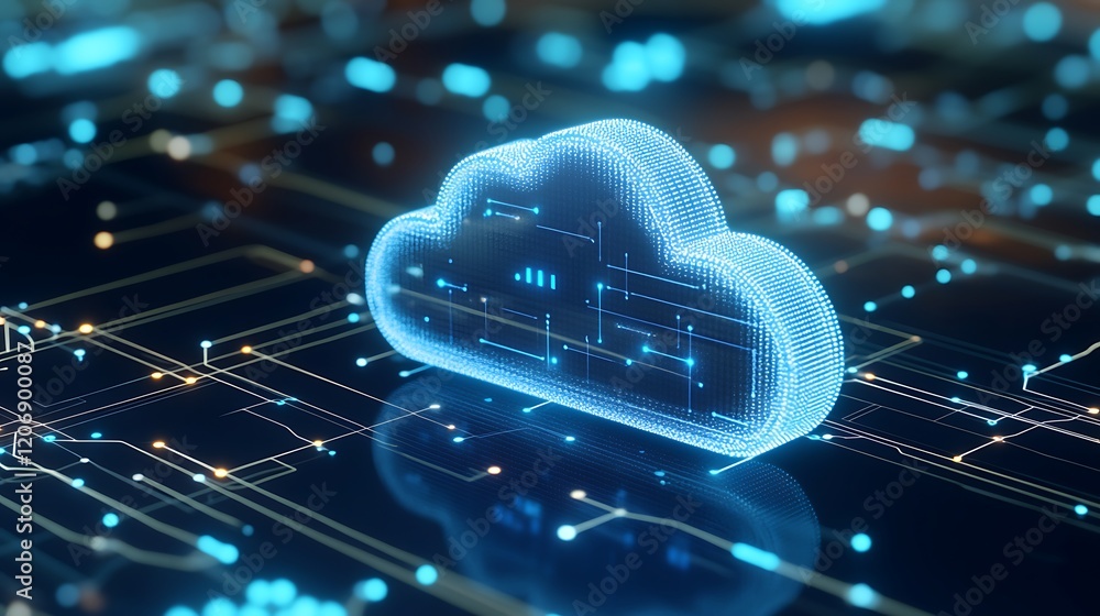 Poster futuristic digital cloud computing concept with blue light effects and circuit lines on dark backgro