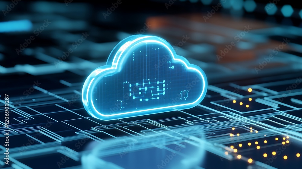 Poster futuristic digital cloud computing concept with neon lights and circuit board background