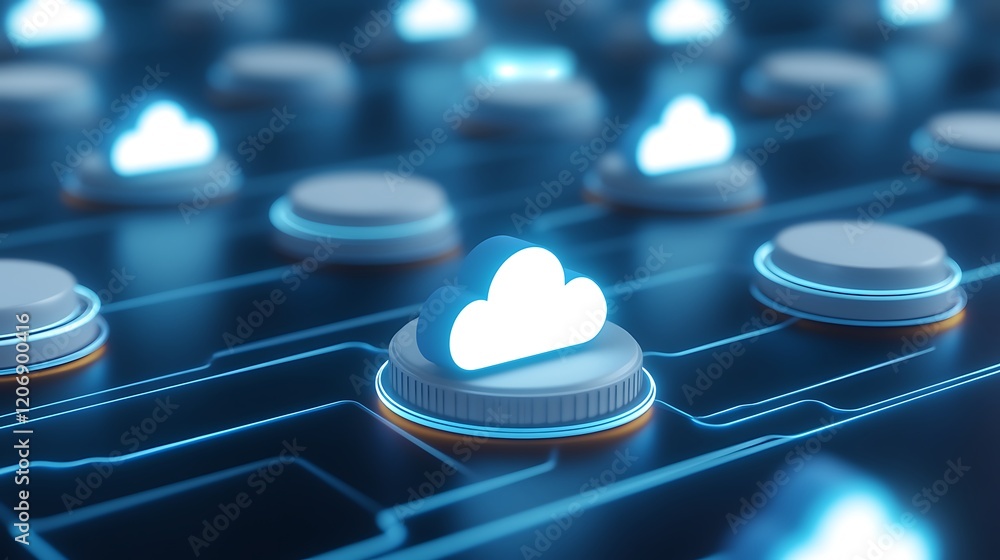 Poster futuristic digital cloud computing network with glowing cloud icons on dark background and technolog