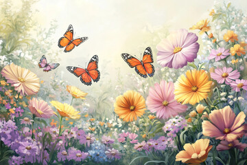 Vibrant Spring Garden/春の庭と舞う蝶たち