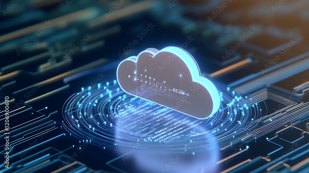 Poster futuristic digital cloud concept with data processing visualization and neon light effects