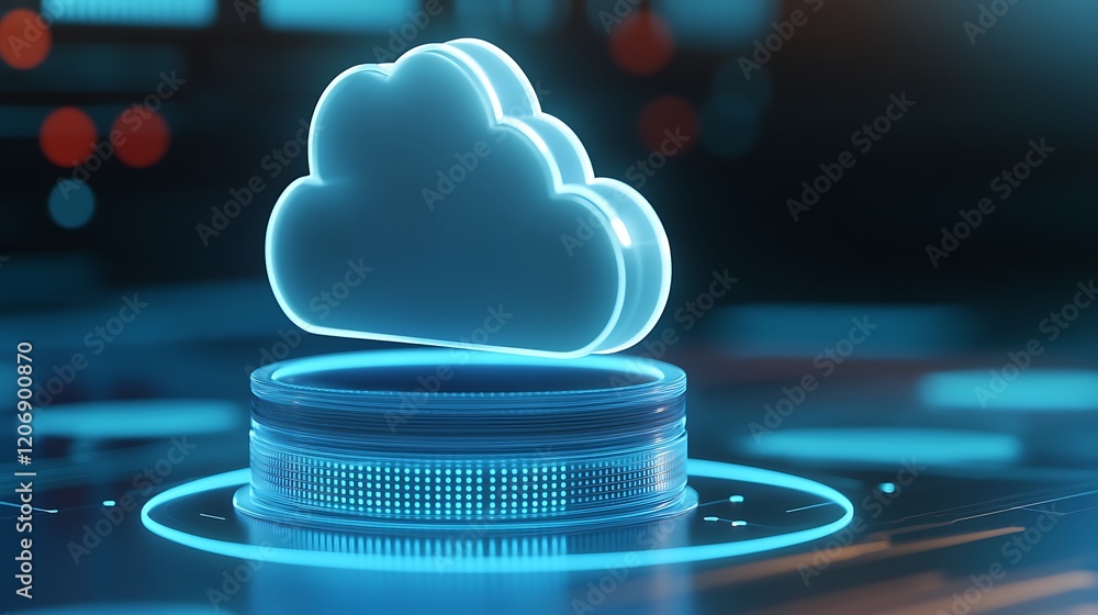 Poster futuristic digital cloud icon illuminated on a technology platform with abstract data visualization 