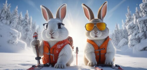 Adorable rabbit wearing sunglasses navigating through deep powder on skis with ease , shades, winter scenery, snow