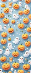 Adorable illustrations of smiling pumpkins and friendly ghosts in a seamless arrangement, friendly faces, seasonal decorations, harvest festival