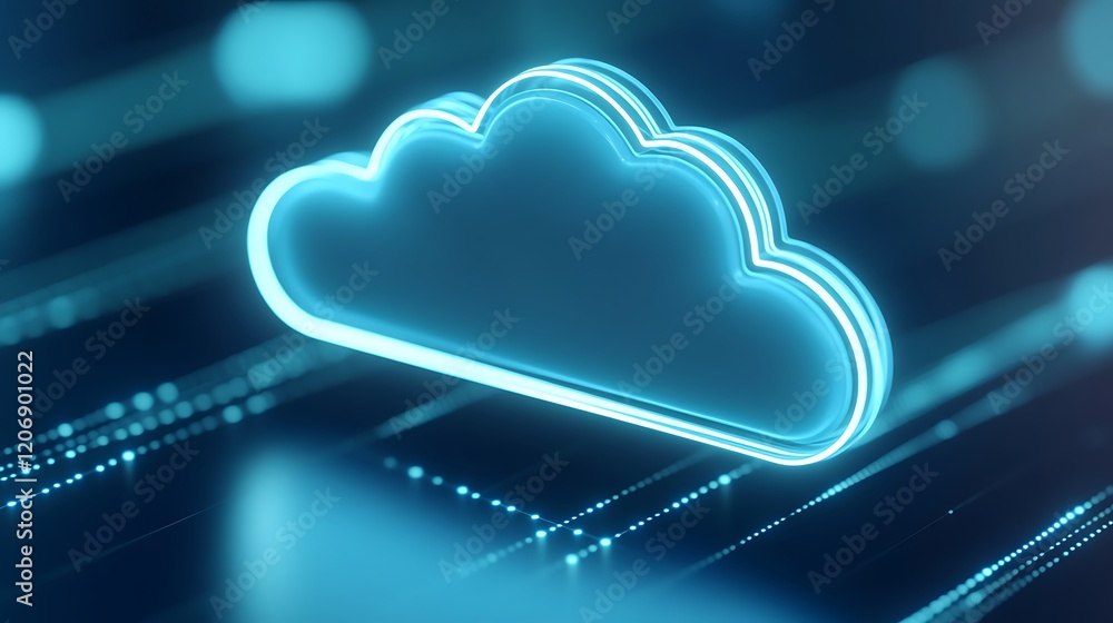 Poster futuristic digital cloud icon over abstract data background with neon lines and dots for technology 