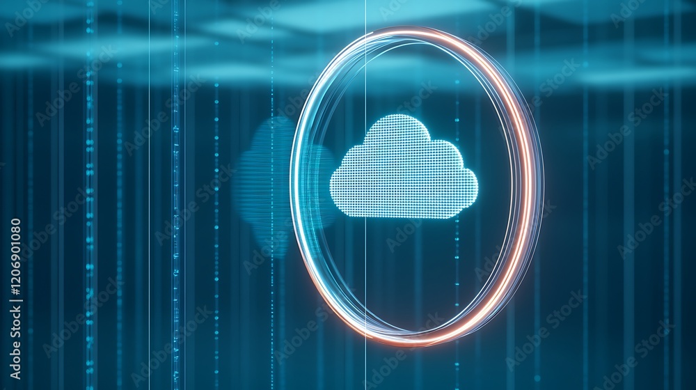 Aufkleber futuristic digital cloud icon surrounded by bright data streams and light circles in a high-tech env