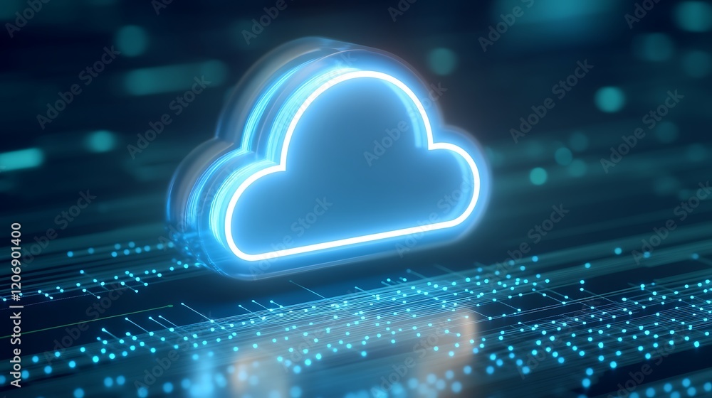 Poster futuristic digital cloud icon with blue neon light on a data background representing cloud computing