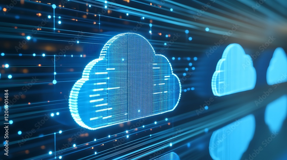Aufkleber futuristic digital cloud icon with bright lines representing data transmission in a high-tech enviro