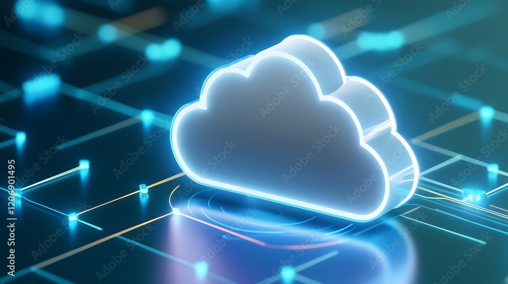 Poster futuristic digital cloud icon with bright neon elements on a grid background representing data stora