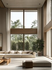 Fototapeta premium Modern minimalist living room with large windows and natural light