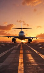 Airplane landing on runway under warm orange glow of sunset, landing, runway, airport