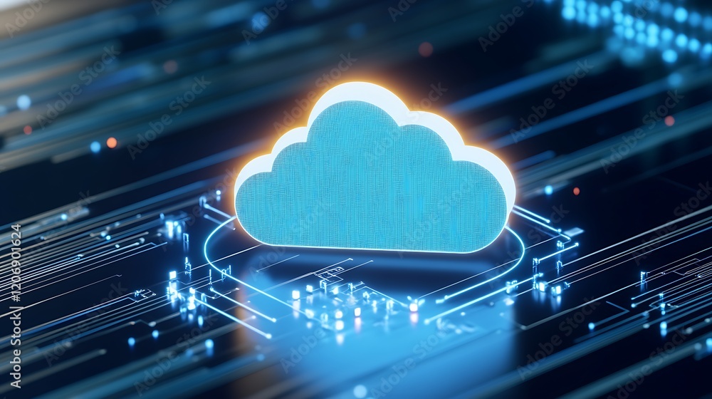 Poster futuristic digital cloud icon with glowing blue elements on circuit board background for technology 