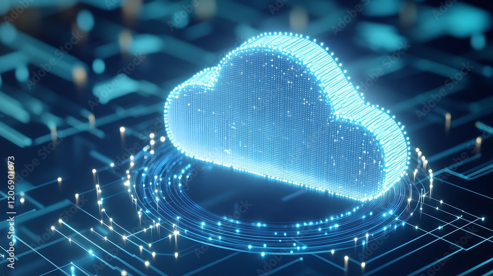 Poster futuristic digital cloud icon with glowing effects on a circuit background for technology concepts