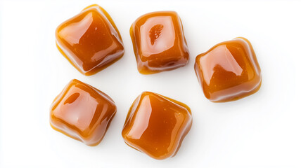 Caramel candies with caramel sauce on a white background.
