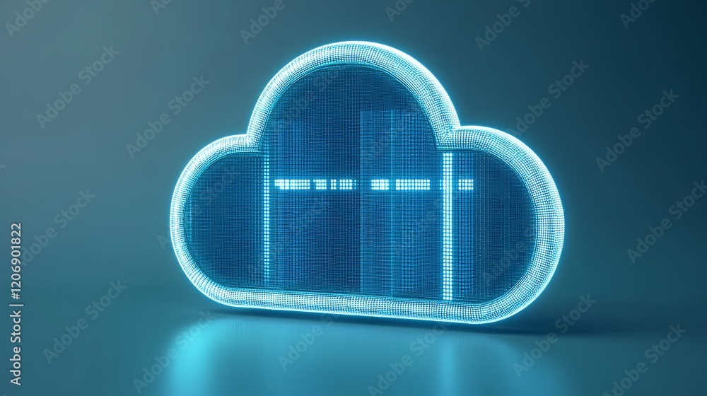 Poster futuristic digital cloud icon with neon glow and data flow visuals representing cloud computing tech