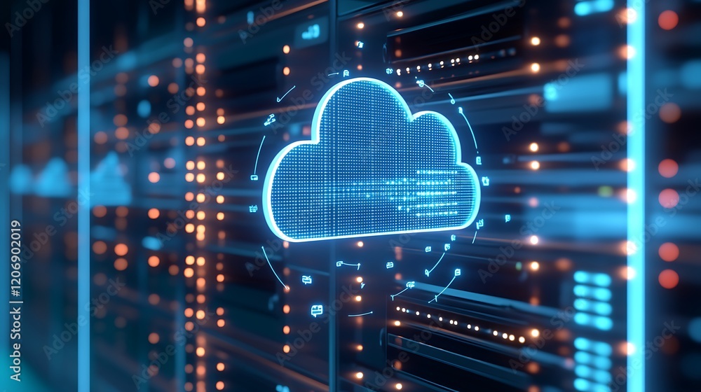 Poster futuristic digital cloud interface with data flow animation in a high-tech server room environment