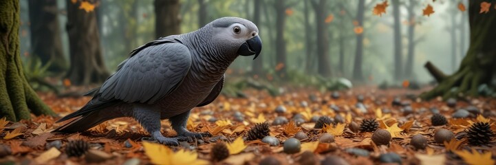 Obraz premium An African grey parrot explores a forest floor covered in fallen leaves, pinecones, and acorns, searching for food and treasures, wildlife, bird, leaves