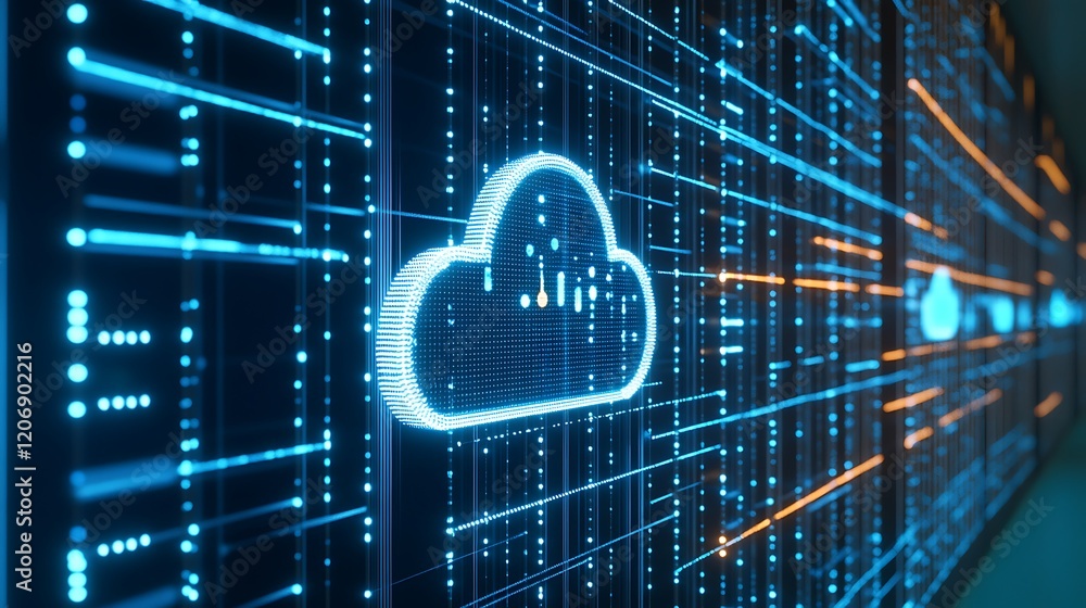 Poster futuristic digital cloud storage concept with data streams and led light effects in cyber environmen