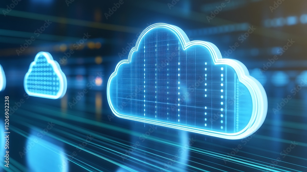 Poster futuristic digital cloud storage concept with glowing effect and data transfer graphic in a tech env