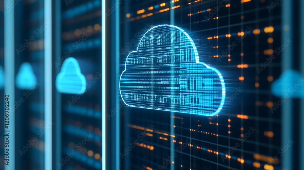 Poster futuristic digital cloud storage concept with neon lights and data streams in a technology environme