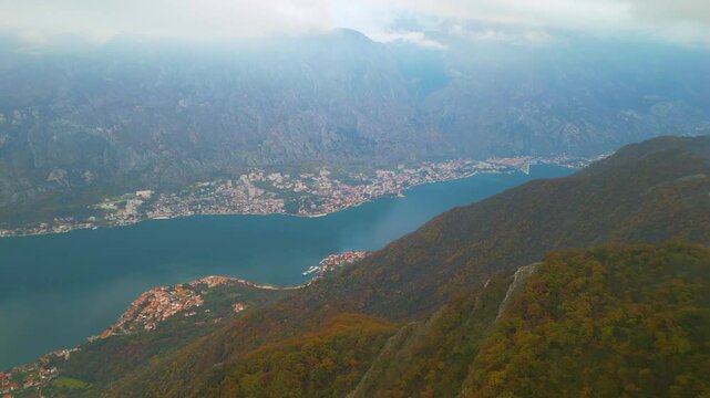 Bay of Kotor from Mount Vrmac drone view, Montenegro