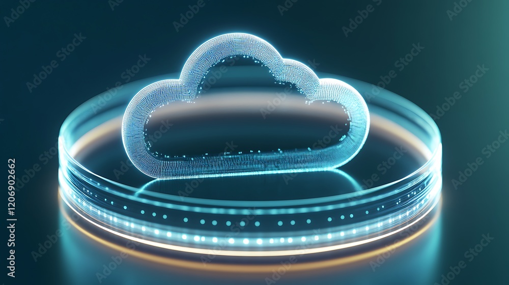 Poster futuristic digital cloud symbol with neon light effect on a glowing platform for technology and data