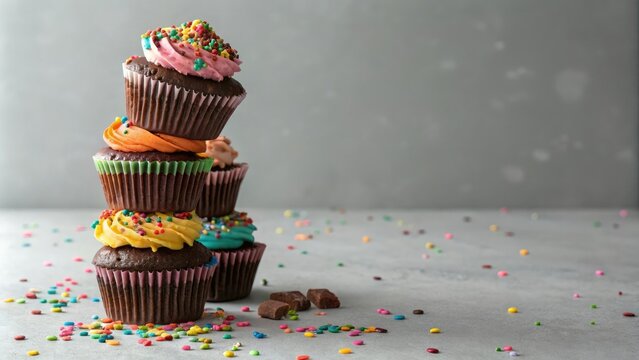 A stack of chocolate cupcakes with colorful frosting and sprinkles on a neutral gray background, dessert, layered, arrangement