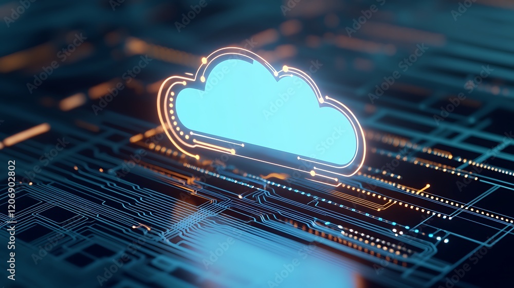 Poster futuristic digital cloud technology concept with circuit board background and neon lights displaying