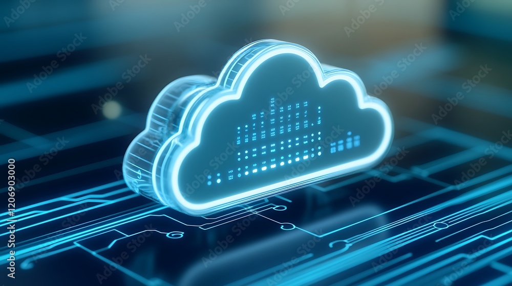Poster futuristic digital cloud technology concept with neon glow and circuit pattern background