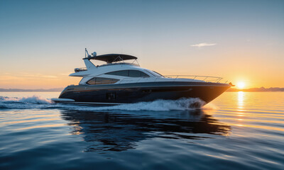 Luxury yacht sailing on crystal-clear waters, with the sun setting behind the horizon A stunning view of a luxury yacht