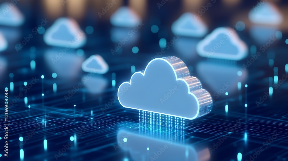 Poster futuristic digital cloud technology with glowing elements and rain-like data cascade on high-tech ba