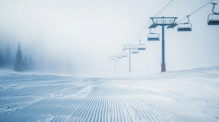 Obraz premium Misty Mountain Ski Lift: A Serene Winter Escape