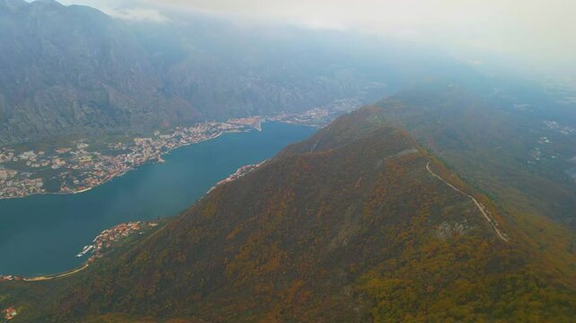 Bay of Kotor from Mount Vrmac drone view, Montenegro