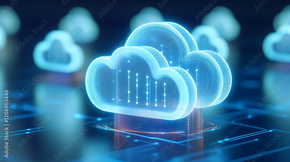 Poster futuristic digital cloud technology with neon lights and data streams representing cloud computing c