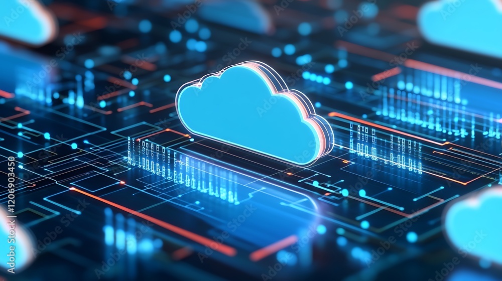 Poster futuristic digital cloud technology with neon lines and binary data flowing in a high-tech environme