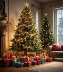 A stunning Christmas tree with multiple layers of ornaments and a large number of gifts underneath , layered ornaments, ornaments, gifts