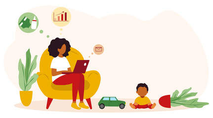 Mom working online during maternity leave while caring for her child in a cozy home setting