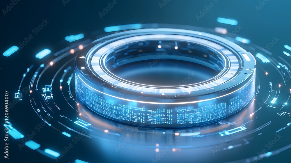 Poster futuristic digital interface display with circular elements and glowing technology effects in a dark