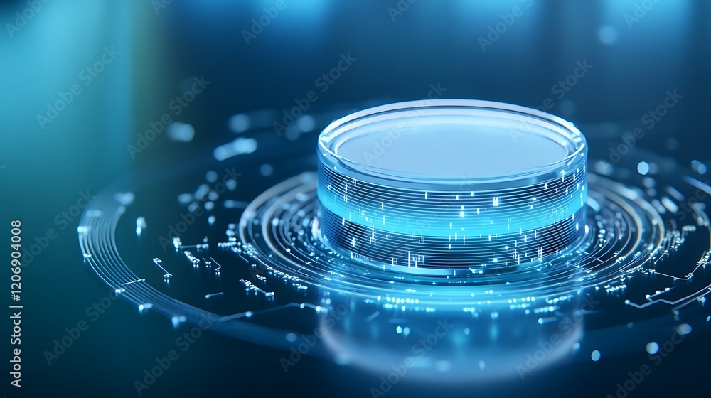 Poster futuristic digital interface displaying illuminated circular element with data patterns and technolo