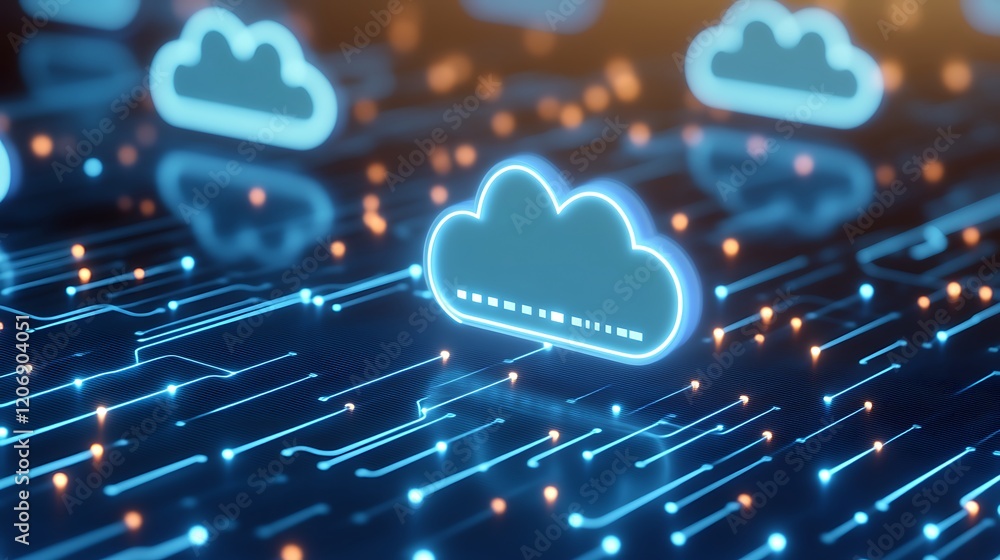 Poster futuristic digital landscape with glowing cloud icons and data streams representing cloud computing 