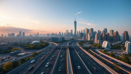 A stunning panoramic view of a bustling metropolis with its iconic skyline and endless stream of cars on the highway, concrete jungle, urban landscape, city skyline