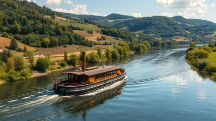 Fototapeta premium A stunning Moselle River with a historic wooden barge sailing down the river amidst a breathtaking landscape of rolling hills and lush greenery., history, boats, waterway