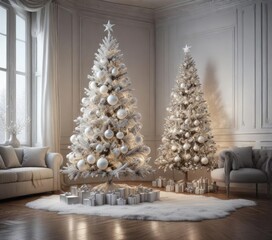A stunning white Christmas tree adorned with elegant silver ornaments , stunning white tree, sparkling tree
