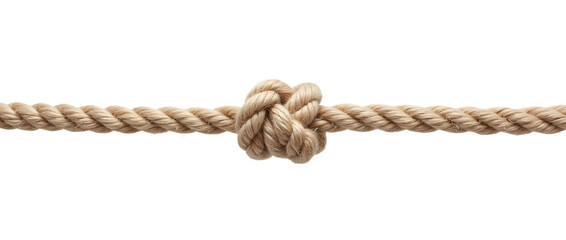  a tightly tied knot made from a natural fiber rope. The knot is positioned centrally along the length of the rope, which appears to be slightly frayed at the ends.