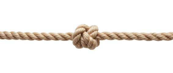  a tightly tied knot made from a natural fiber rope. The knot is positioned centrally along the length of the rope, which appears to be slightly frayed at the ends.