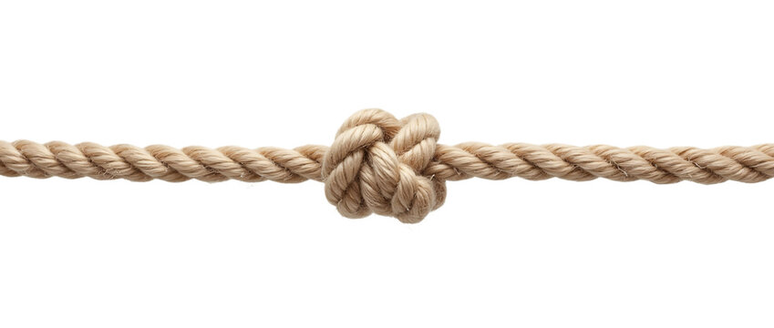  a tightly tied knot made from a natural fiber rope. The knot is positioned centrally along the length of the rope, which appears to be slightly frayed at the ends.