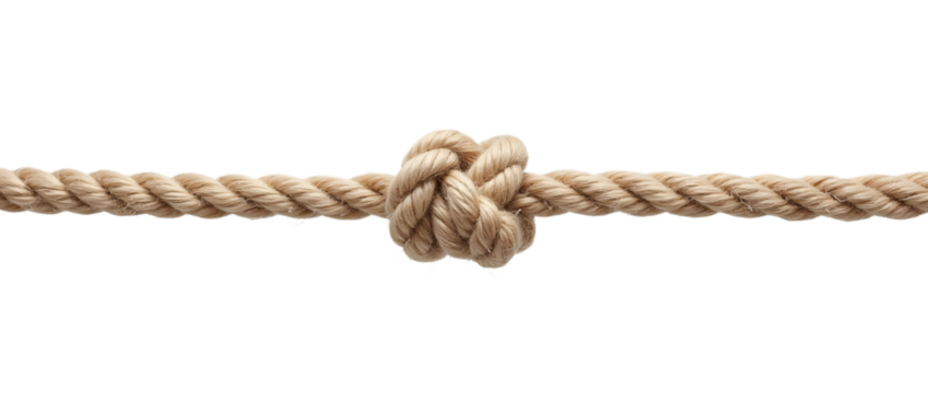  a tightly tied knot made from a natural fiber rope. The knot is positioned centrally along the length of the rope, which appears to be slightly frayed at the ends.